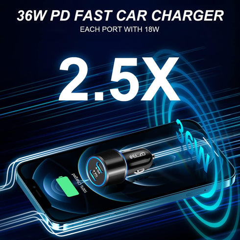 ELZO Dual USB C Car Charger Fast Charging 36W Type C Car Charger PD 3.0 Adapter Compatible with iPhone 14/13/12 Pro/Max/Mini/11/X/XS/XR/8/Plus, Ga...