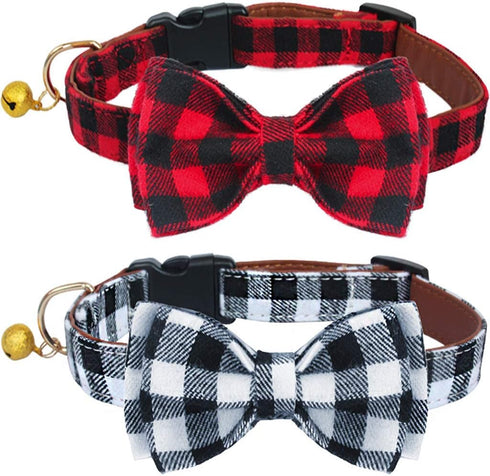 KUDES Plaid Dog Collar with Bow, 2 Pack/Set Adjustable Dog Bow Tie Collars with Bell, Best Pet Gift for Small Medium Large Girl and Boy Dogs, Red ...