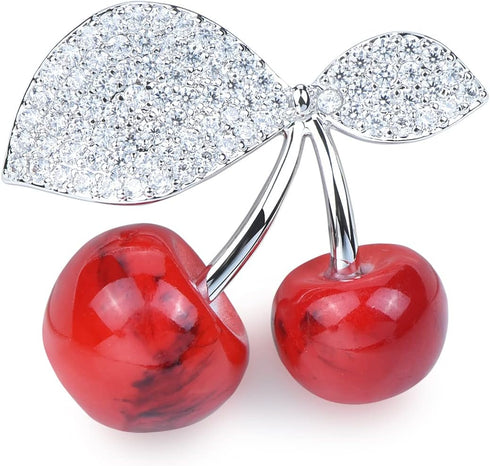 Red Stone Cherry Brooch Pin Green Cubic Zirconia Leaf Fruit Lapel Pin for Women Party Weddings Banquet Jewelry Pins...