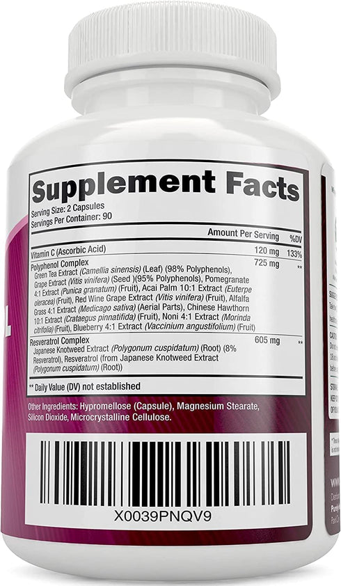 Purely Holistic Resveratrol 1450mg, 90 Servings, Trans-Resveratrol Antioxidant Supplement with Vitamin C and Polyphenol Complex, 180 Vegan Capsule...