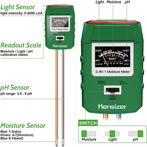 Kensizer Soil Tester, 3-in-1 Soil Moisture/Light/pH Meter, Gardening Lawn Farm Test Kit Tool, Digital Plant Probe, Water Hydrometer Sunlight Teste...