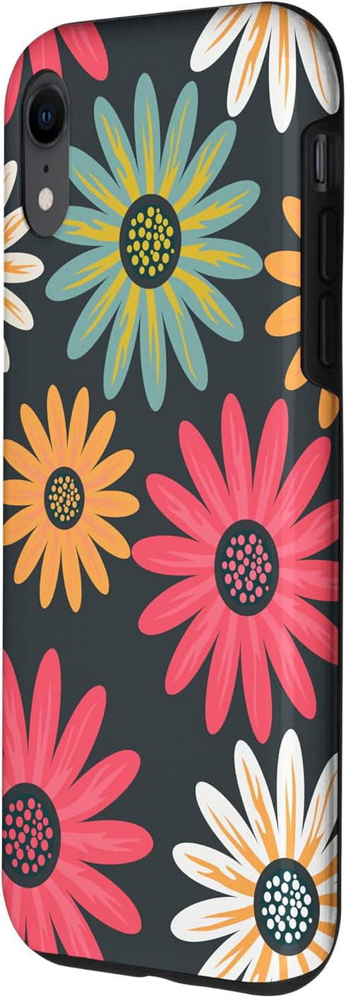iPhone XR Floral Daisy Flowers Pink Green Orange Grey Pattern AEN021 Case...