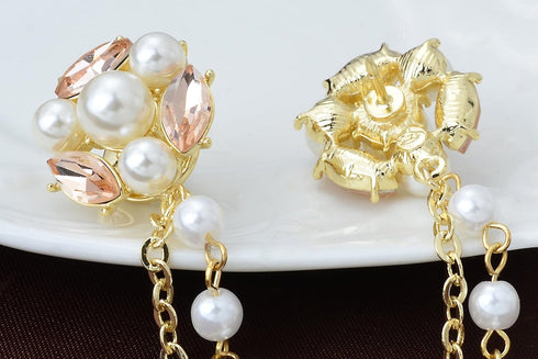 Champagne Tone Crystal Pearl Daisy Flower Brooches Pins with Pearl Chain Tassel Sweater Guard Clip Pin...