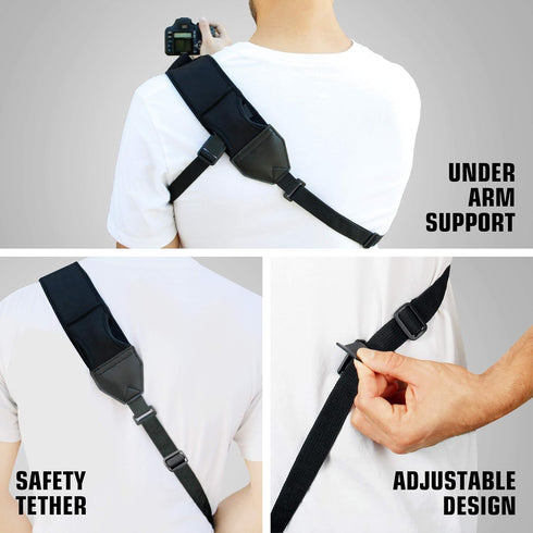 USA Gear Camera Sling Shoulder Strap with Adjustable Neoprene, Safety Tether, Accessory Pocket, Quick Release Buckle - Compatible with Canon, Niko...