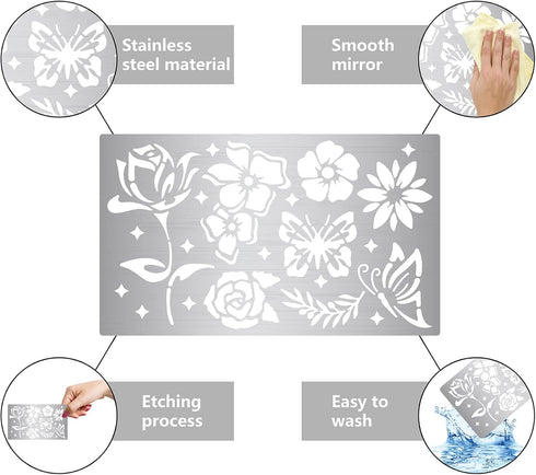 GORGECRAFT 2 Styles 6" Metal Flower Stencil Templates Tulips Sunflower Rose Leaves Bee Butterfly Pattern Reusable Stainless Steel Journal Stencil ...