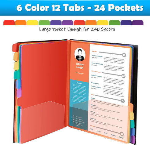 24 Plastic Folders with Pockets, 12 Colors Multi Pocket Folder Binder with Dividers, 12 Tab Folders with Pockets Office Organizer Folder Letter Si...