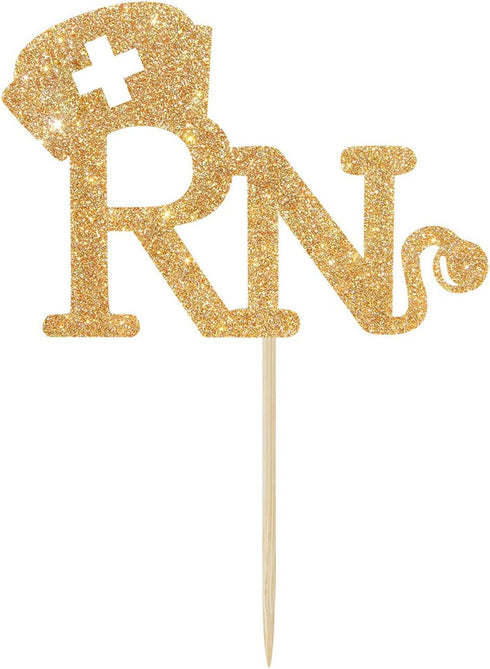 RN Cake Topper, Congrats Grad Nurse Cake Decor, 2025 Nursing School Graduation Party Decorations Supplies,Gold Glitter...