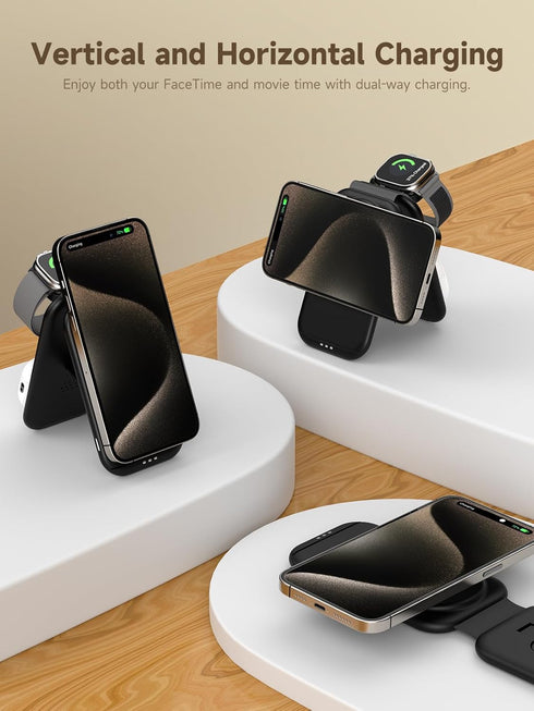 3 in 1 Magnetic Wireless Charging Station for Apple Device, Fast Mag-Safe Charger Stand, Travel Charging Pad for iPhone 15/14/13/12, iWatch Series...