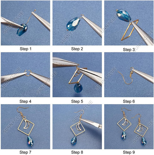 SUNNYCLUE 1 Box DIY 8 Pairs Blue Moon Earrings Making Starter Kit Including Moon Geometric Linking Connector Charms Teardrop Flower Beads Earring ...