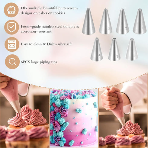 7 Pcs Piping Tips, Cake Piping Nozzles Kit Stainless Steel Piping Nozzles Tips Nozzles for Decoration DIY Icing Tool for Cream Cupcake Cookie Puff...
