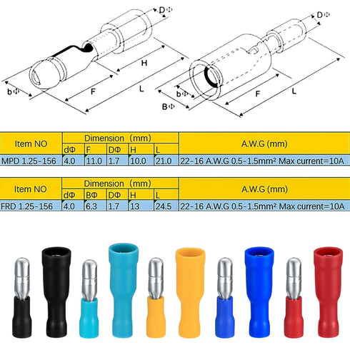 200 Pcs Bullet Connectors Male and Female, 22-16AWG Insulated Splice Female/Male Bullet Crimp Terminals Connectors, Electrical Bullet Crimp Wire C...
