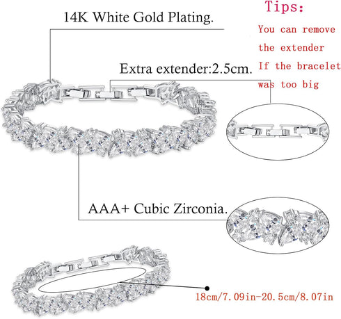 Hadskiss Wedding Tennis Bracelet for Brides Bridesmaid, White Gold Plated Marquise Cubic Zirconia Prom Jewelry, Silver Bracelet Wedding Party Jewe...