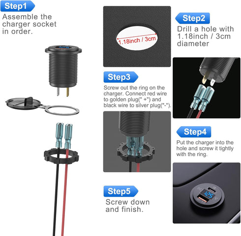 48W 12V USB Outlet USB C Car Socket, PD 30W and QC 18W Car USB Ports Waterproof Cigarette Lighter Replacement Car Charger Power Outlet with LED Di...