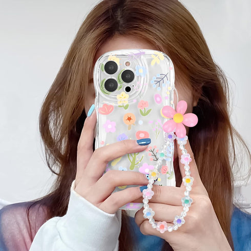 for iPhone 14 Pro Max Case, Cute Colorful Flower Curly Wave Clear Case with Lovely Flower Bracelet Chain for Women Girls Soft TPU Shockproof Prote...