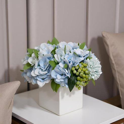 LADADA Fake Flowers in Ceramic Vase,Faux Hydrangea Flower Arrangements for Home Decor Artificial Flowers with Vase...