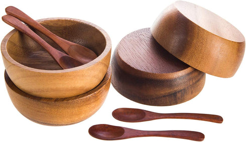Set of 4 Small Round Acacia Wooden Bowls 3¾ Inch Diameter 1½" High With Spoons - Stackable Mixing Bowl Salad Soup Snack Dip Sauce Charcuterie Wood...
