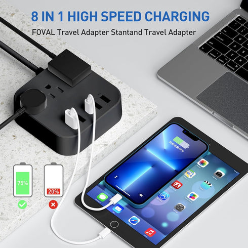European Plug Adapter, Unidapt US to UK Europe Power Strip for EU/UK/US with USB C and 4 USB Ports, 3 AC Outlets, Wall Mountable, 5ft Extension Co...