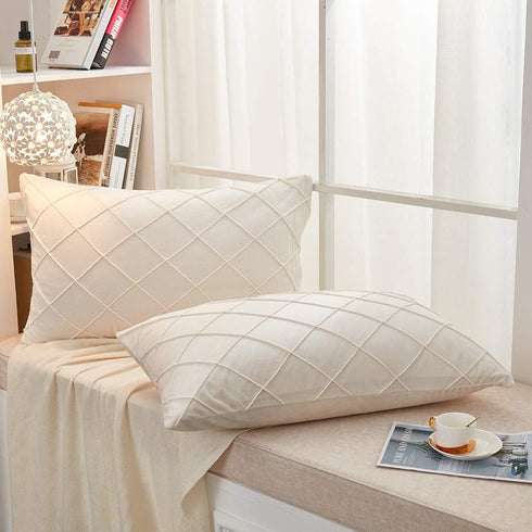 JAUXIO Diamond Pinch Pleated Crystal Velvet Pillowcases 2 Pack Solid Pintuck Throw Cushion Cover for Home Decor Hidden Zipper Closure (Cream, Stan...