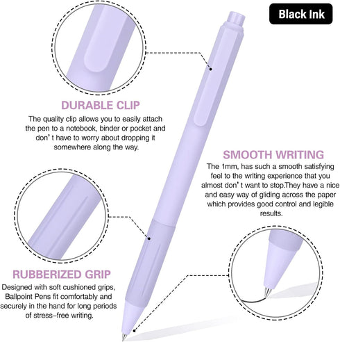 14-Pack Pastel Ballpoint Pens, Medium 1.0mm Black Ink, Retractable - For Smooth Writing and Journaling...