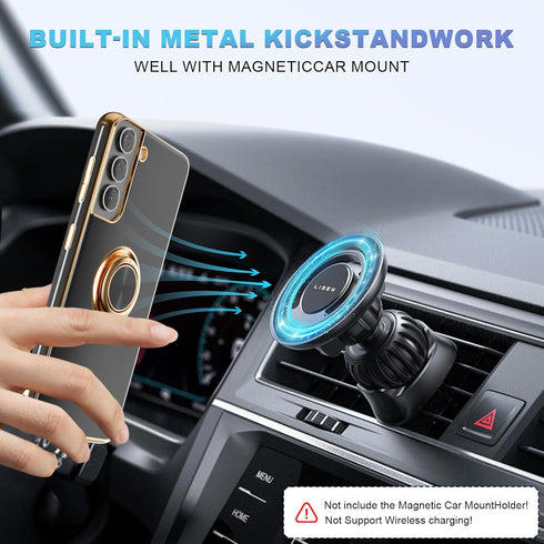 ?for Galaxy S21 Case,with Screen Protector, Built-in 360° Rotation Ring Holder Magnetic Kickstand, Plating Gold Edge Soft TPU Shockproof Protectiv...