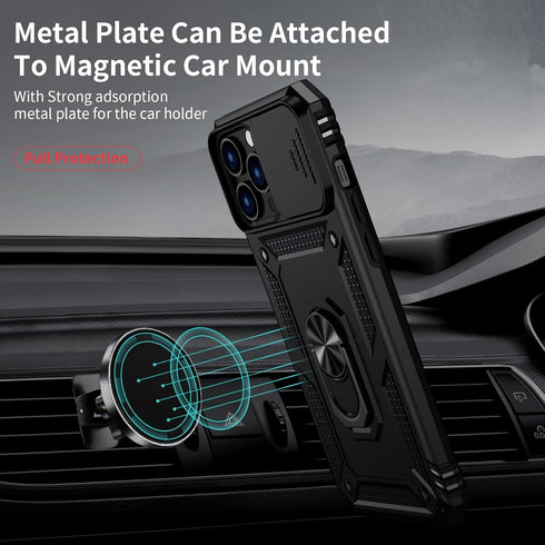 for iPhone 13 Pro Max Case with Slide Lens Cover, HD Screen Protector, Military Grade Drop Protection, Magnetic Rotated Ring Holder Kickstand Phon...