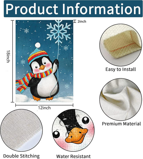 Winter Penguins Garden Flag Welcome Christmas Snowflakes Scarfs Yard Flags 12x18 Inch Double Sided Burlap Xmas Banner for Winter Holiday Christmas...