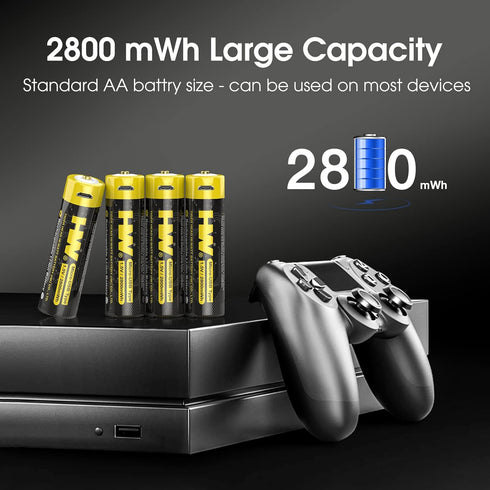 HW USB Rechargeable Lithium AA Batteries 4 Packs, 2800mWh(1860mAh) Li-ion AA Battery Constant Output 1.5V, 2 Hour Fast Charge with USB Cable,1000+...