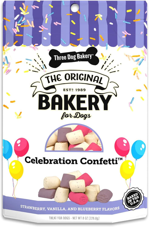 Three Dog Bakery Celebration Confetti with Vanilla, Strawberry and Blueberry Crunchy Dog Treats - 8oz...