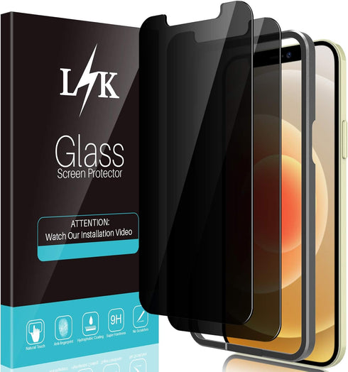 2 Pack L?K Privacy Screen Protector Designed for iPhone 12 and iPhone 12 Pro 5G 6.1 inch Tempered Glass High Clear, Case Friendly, Come with Insta...