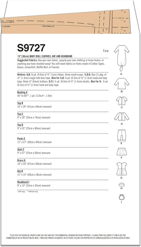Simplicity 15" Baby Doll Clothes, Hat and Headband Sewing Pattern Kit, Code S9727, Multicolor...