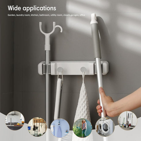 Broom Holder, Broom Hanger Mop Holder Storage Rack Organizer Wall Hanging Wall Mount with Utility Hooks for Home, Bathroom, Garden, Kitchen, Garag...