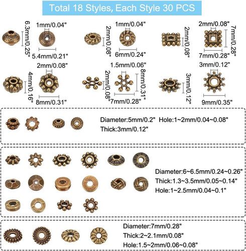 PH PandaHall 540pcs 18 Styles Spacer Beads, Antique Bronze Tibetan Alloy Jewelry Beads Bicone Flower Metal Spacers for Bracelet Necklace Jewelry M...