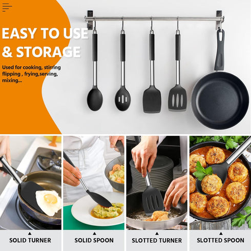 E-far Cooking Utensils Set of 4, Silicone Kitchen Utensils for Non-stick Cookware, Heat Resistant & Non-toxic Slotted Spatula Solid Spoon Turner f...