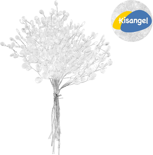 Kisangel White Artificial Flowers 50Pcs Artificial Flower Stem with Crystal Acrylic Bead Drop Pearl Sticks Beaded String Bridal Bouquet Picks for ...