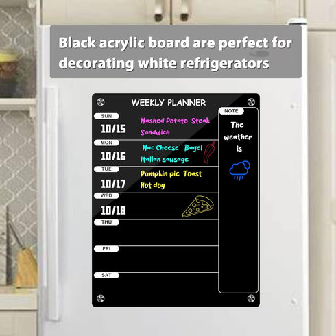 Weekly Dry Erase Board for Refrigerator, Magnetic Weekly Calendar for Fridge, Black Acrylic Note Board, Planner Schedule Board, Double-Sided Use...