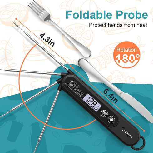 Ultrean Meat Thermometer Instant Read for Grill and Cooking, 3 Seconds Fast Precise Digital Food Thermometer with Backlight, Magnet, Foldable Prob...