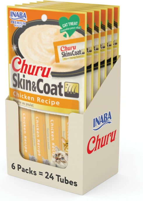 INABA Churu Lickable Purée Natural Cat Treats for Skin and Coat with Omega Oils, Taurine and Vitamin E, 0.5 Ounces Each, 24 Tubes (Four Per Packag...