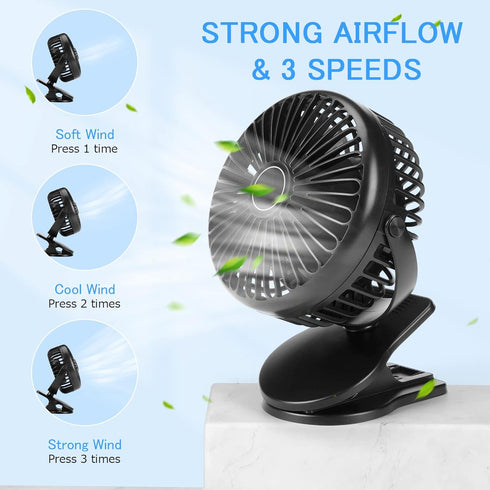 Clip Fan 5000mAh Rechargeable Battery Mini Fan with Clip on Fan Sturdy Clamp 3 Speeds Portable Tent Camping Fan Handheld Small Desk Desktop Table ...