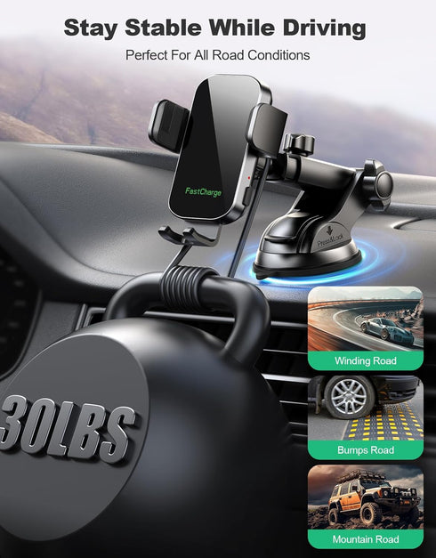 Wireless Car Charger, Auto Clamping Car Phone Holder Charger, 15W Fast Charging Phone Mount for Dash Windshield Vent for iPhone 15 14 13 12 11 Pro...