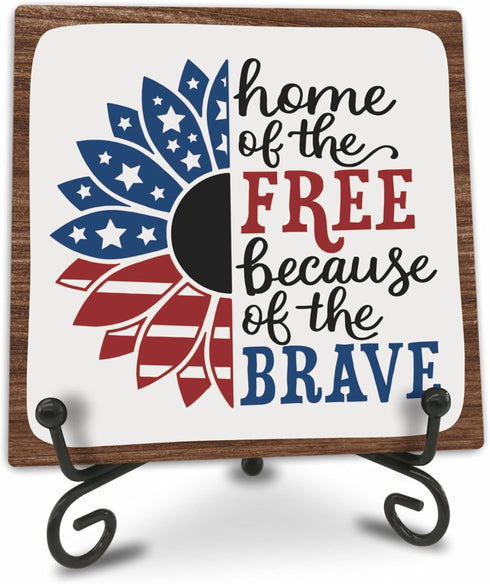 July 4th Petals Wood Plaque With Iron Stand - Home Of The Free Because Of The Brave - 4"x4" Wooden Block Sign, Patriotic Desk Signs, Shelf & Table...