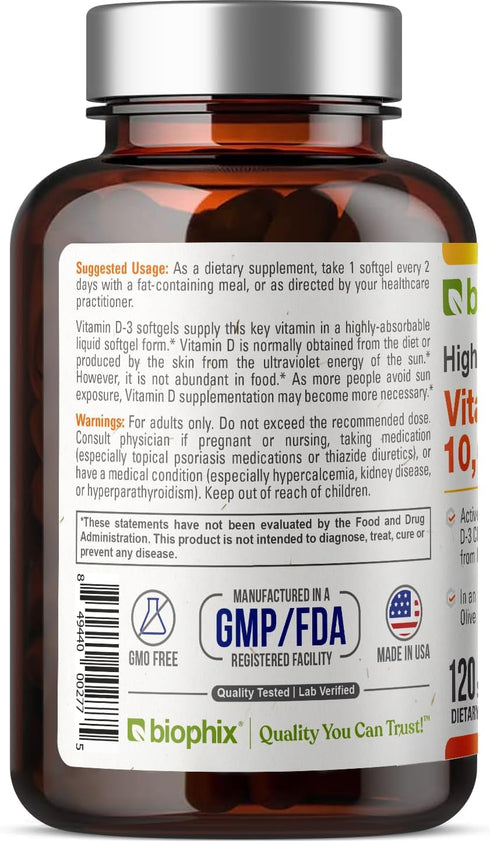 biophix Vitamin D-3 10000 IU 120 Softgels - High-Potency in Extra Virgin Olive Oil Non-GMO Soy-Free Supports Strong Bones Immune Health and K2...