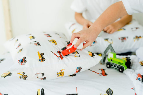 100% Cotton Toddler Pillowcase by ADDISON BELLE - Fits Both 13"x18" and 14"x19" Pillows - Soft, Durable & Breathable (Construction Trucks)...