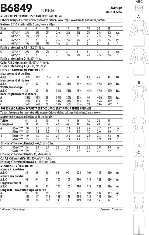 Butterick Misses' Long, Short, and Sleeveless Dress, Code B6849 Sewing Pattern Kit, Sizes 6-8-10-12-14-16-18-20-22, Multicolor...