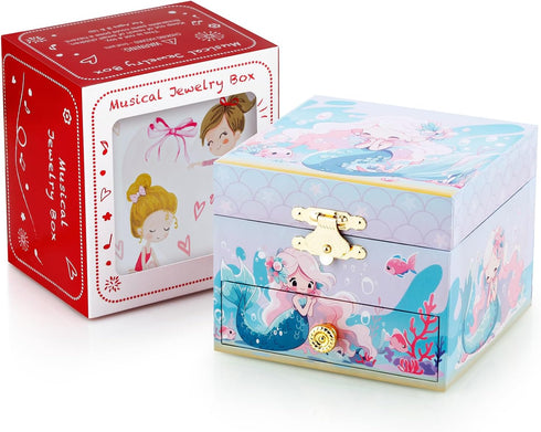 RR ROUND RICH DESIGN Kids Musical Jewelry Box for Girls Include Drawer and Pretty Jewelry Set with Cute Mermaid Theme - Beautiful Dream Tune Blue...