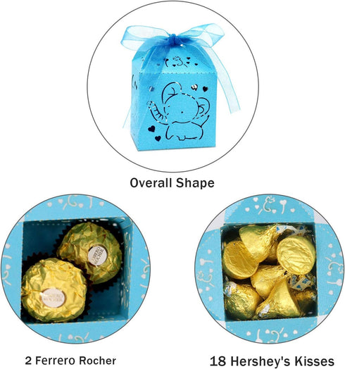 Kslong Blue Baby Shower Favor Boxes, 50Pcs Elephant Favor Boxes for Baby Boy Laser Cut Candy Boxes with Ribbon for Birthday Wedding Party Decorati...