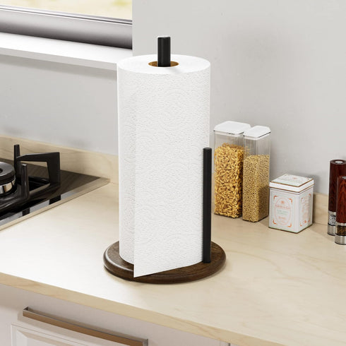 Paper Towel Holder Countertop with Real Wood Round Base, Farmhouse Paper Towel Holder Stand for Kitchen Roll Organize, Wooden Paper Towel Holder f...