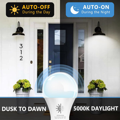 2 Pack Dusk to Dawn Light Bulbs Outdoor, 5000K-Daylight, 720LM, 9W(60W Equivalent) A19 E26 Automatic On/Off LED Light Bulbs, Dusk to Dawn LED Outd...