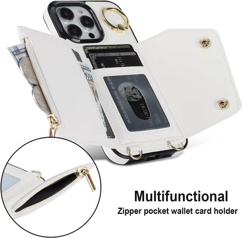 LUVI Compatible with iPhone 15 Pro Wallet Case with Card Holder Crossbody Neck Strap Lanyard Wrist Strap Purse for Women PU Leather Flip Case with...