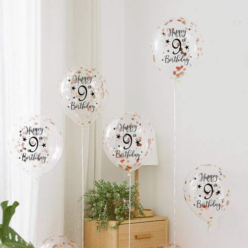 Rose Gold 9th Confetti Latex Balloons, Girls Happy 9 Years Birthday Party Balloon Decoration With Confetti, 12in, 16 Pack...