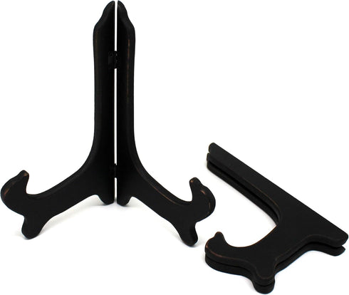 CVHOMEDECO. Antique Distressed Black Decorative Wooden Plates Rack Wood Easels Holder Folding Display Stand Home Décor Art, 9 Inch, Set of 2....